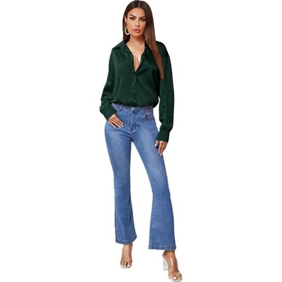 HOT Satin Silk Long Sleeve Blouse Button Down Shirt Casual Top, Green - Picture 5 of 6